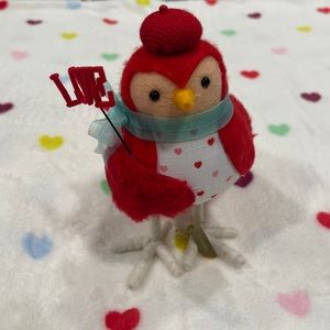 Fabric Valentine's Day Bird Figurine Holding 'Love' Sign.